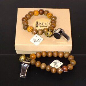 New BLO Vintage Lot of 2 Wood Bead Bell & Whistle Stretch Bracelets Bundle